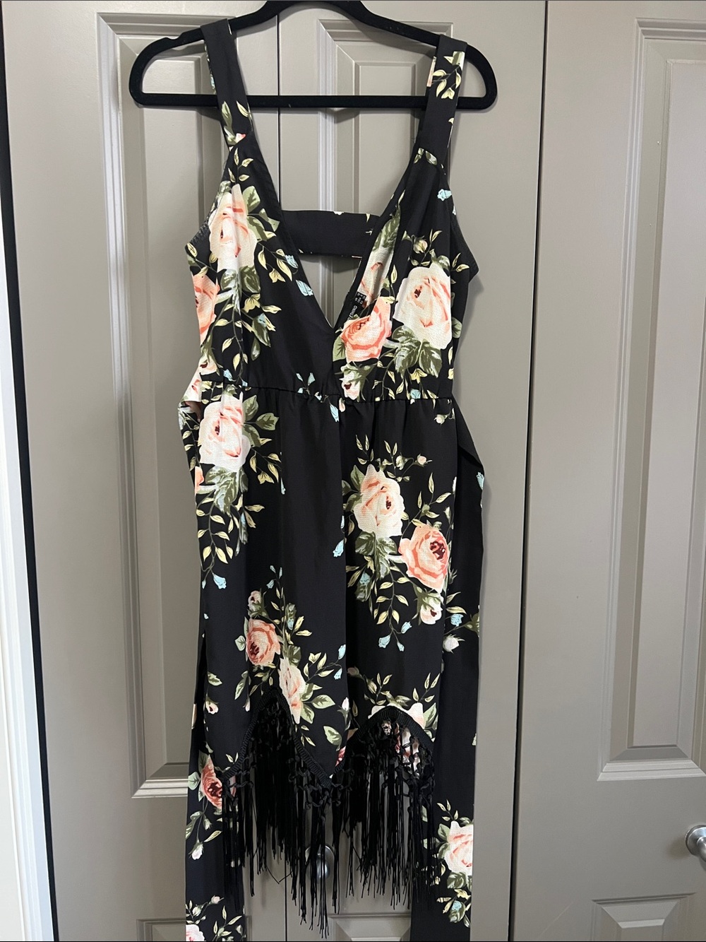 PrettyLittleThing Black Floral Midi Dress with Peach Roses